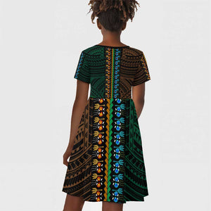 African Dashiki and Polynesian Pattern Kid Short Sleeve Dress Half Green-Gold