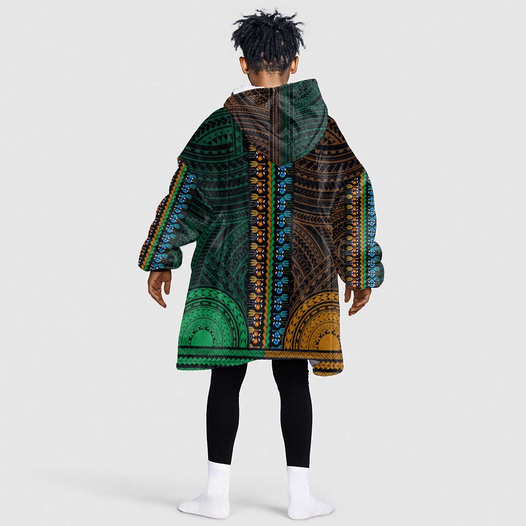 African Dashiki and Polynesian Pattern Kid Wearable Blanket Hoodie Half Green-Gold