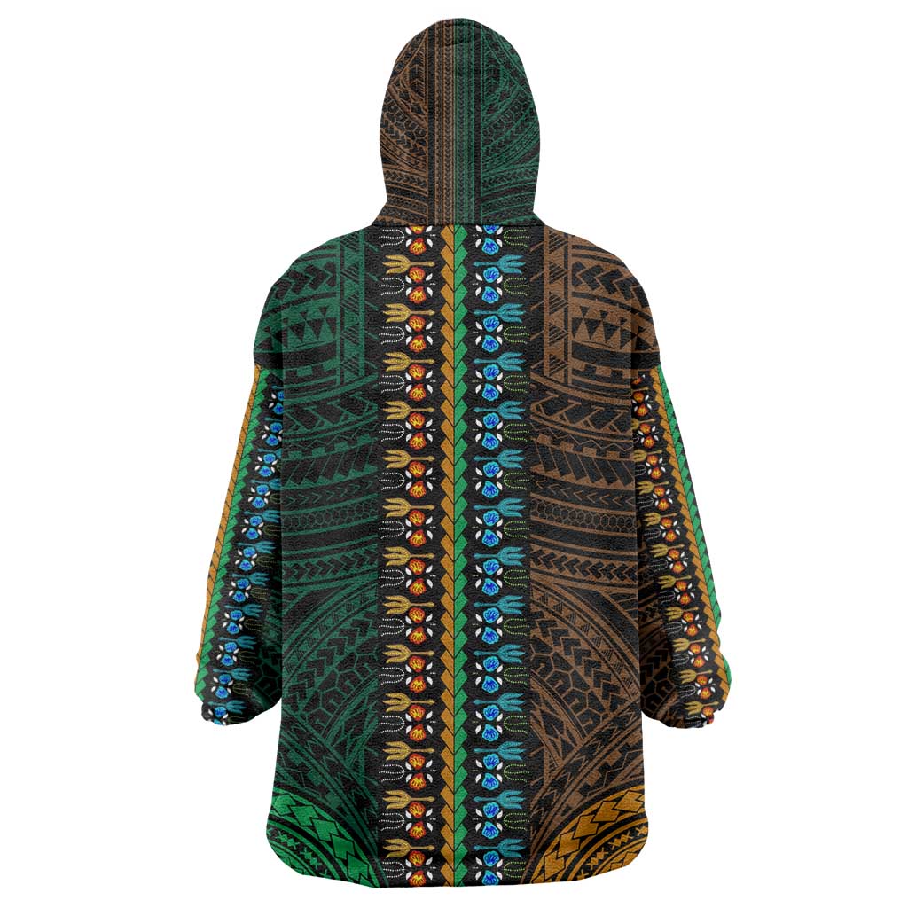 African Dashiki and Polynesian Pattern Kid Wearable Blanket Hoodie Half Green-Gold