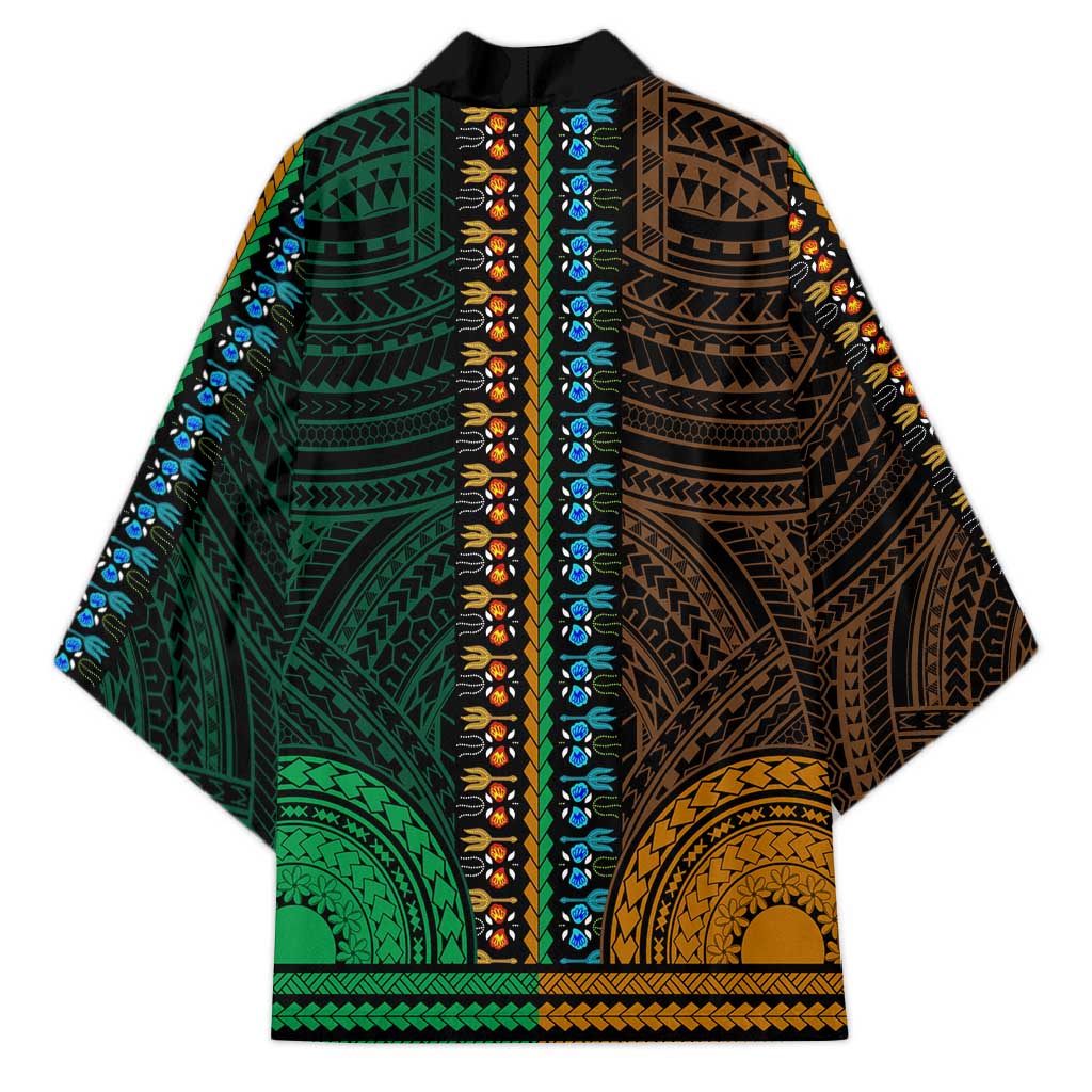 African Dashiki and Polynesian Pattern Kimono Half Green-Gold