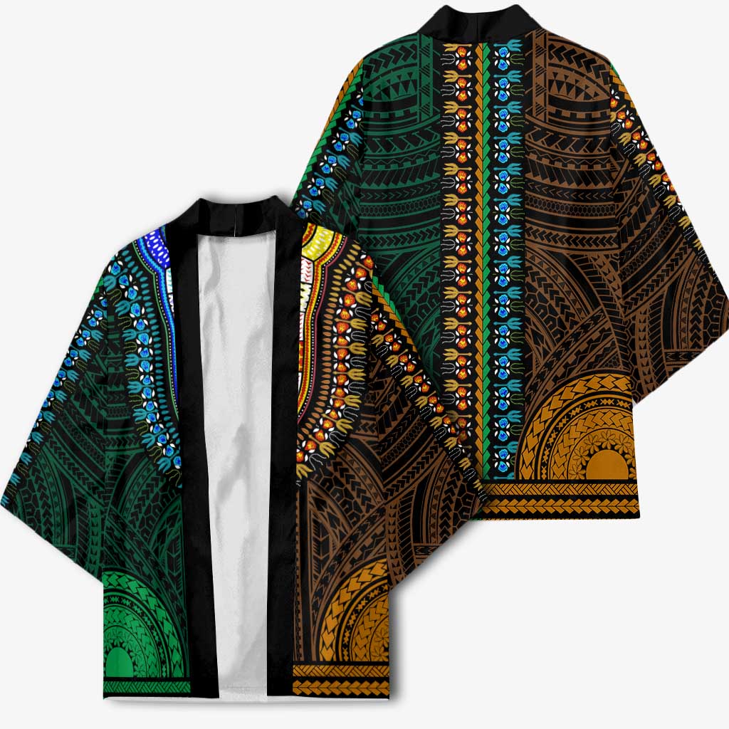 African Dashiki and Polynesian Pattern Kimono Half Green-Gold
