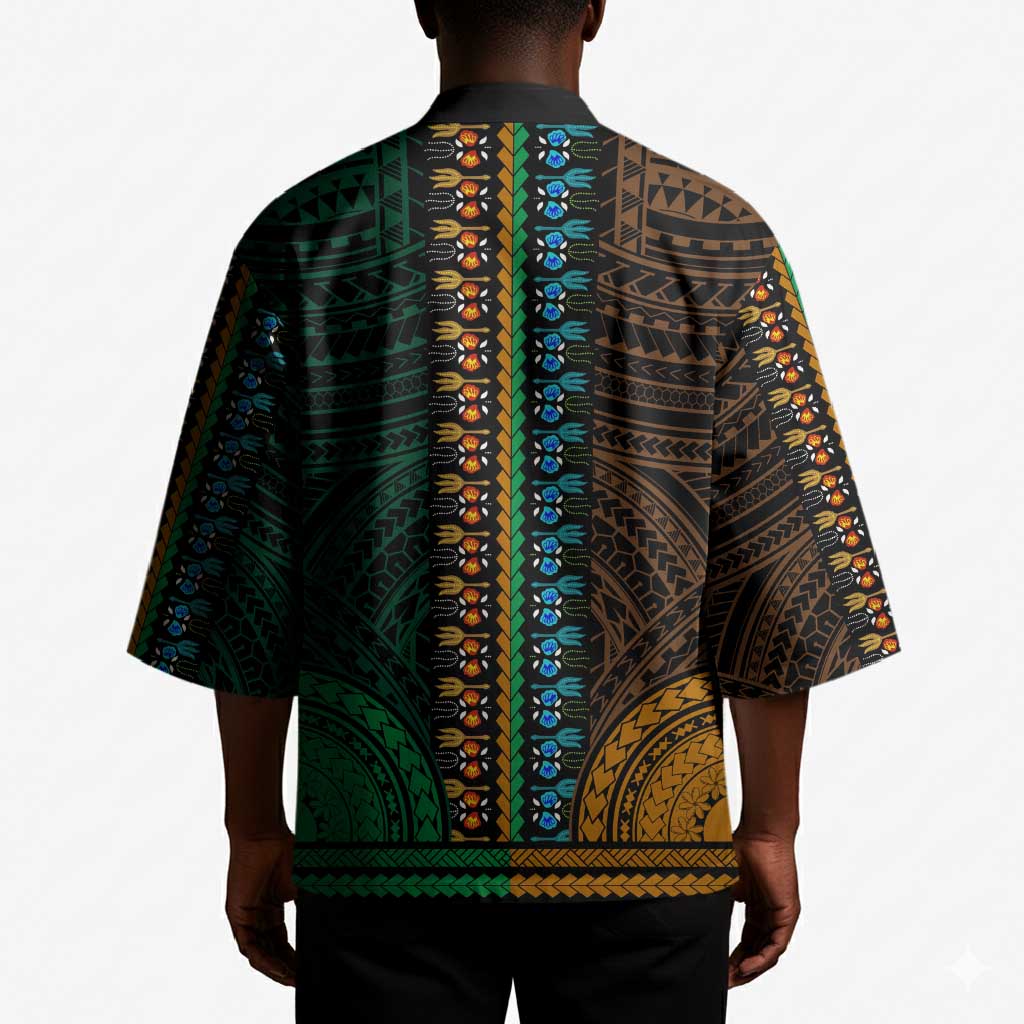 African Dashiki and Polynesian Pattern Kimono Half Green-Gold