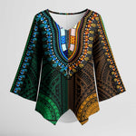 African Dashiki and Polynesian Pattern Kimono Sleeve Blouse Half Green-Gold