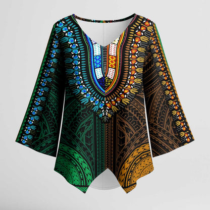 African Dashiki and Polynesian Pattern Kimono Sleeve Blouse Half Green-Gold