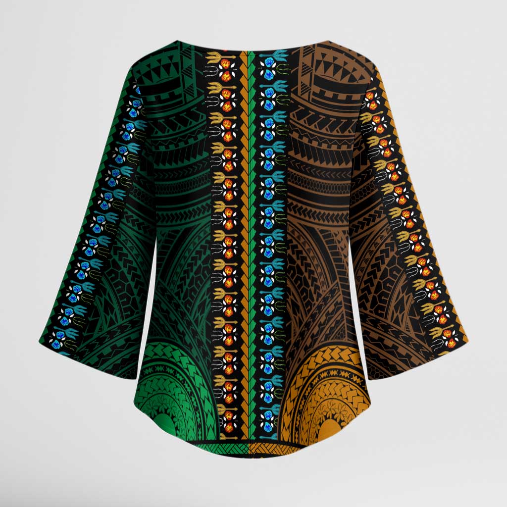 African Dashiki and Polynesian Pattern Kimono Sleeve Blouse Half Green-Gold