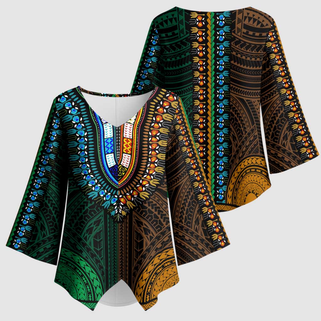 African Dashiki and Polynesian Pattern Kimono Sleeve Blouse Half Green-Gold