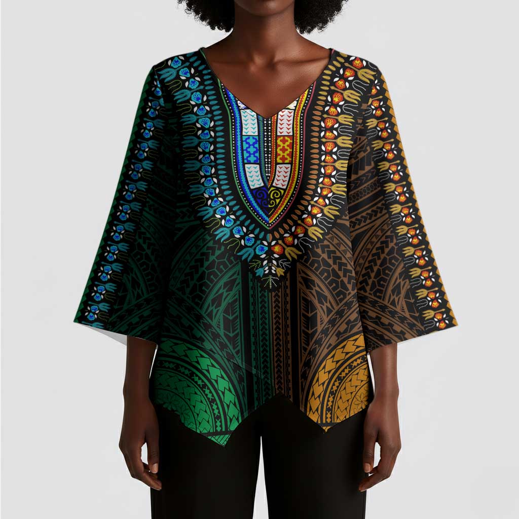 African Dashiki and Polynesian Pattern Kimono Sleeve Blouse Half Green-Gold