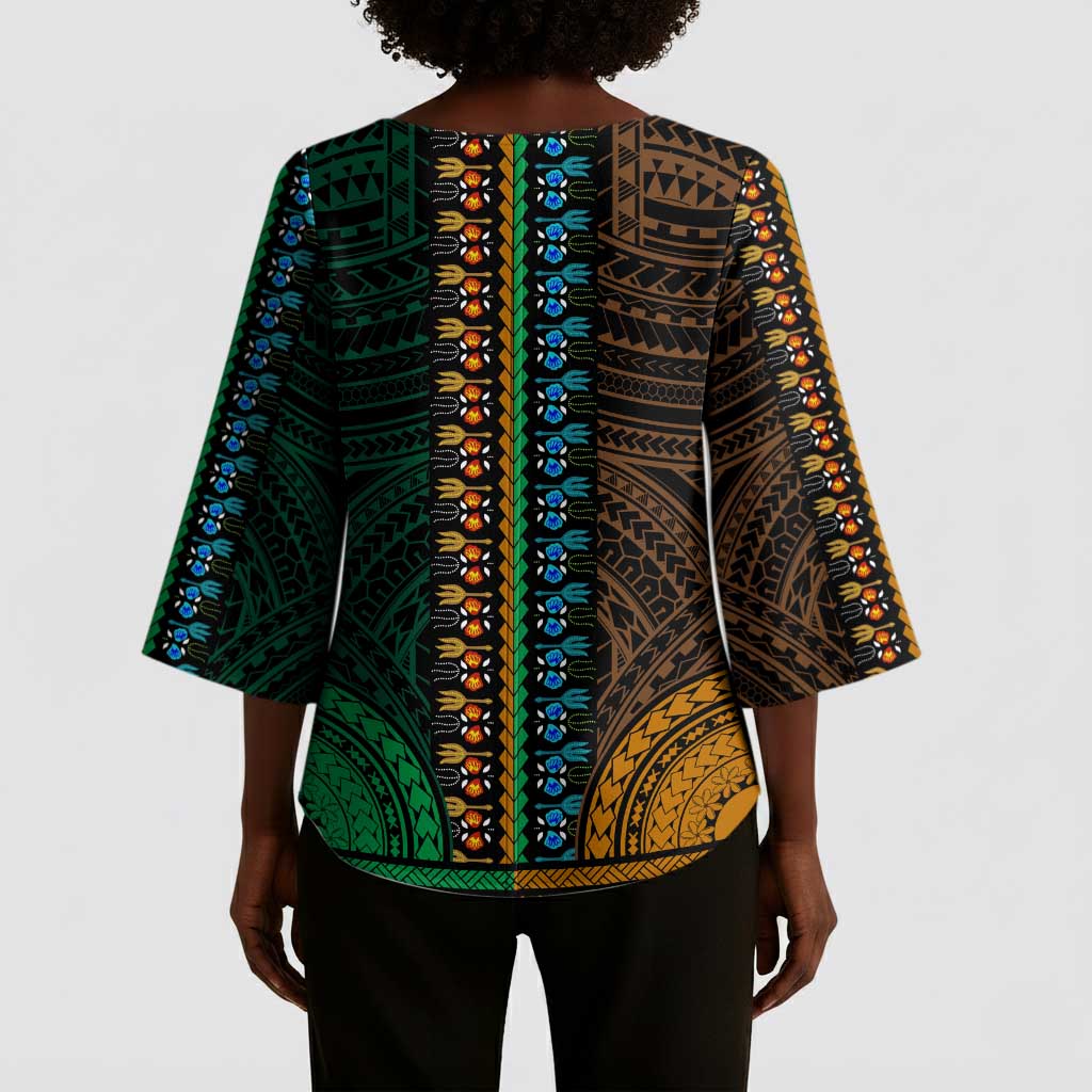 African Dashiki and Polynesian Pattern Kimono Sleeve Blouse Half Green-Gold