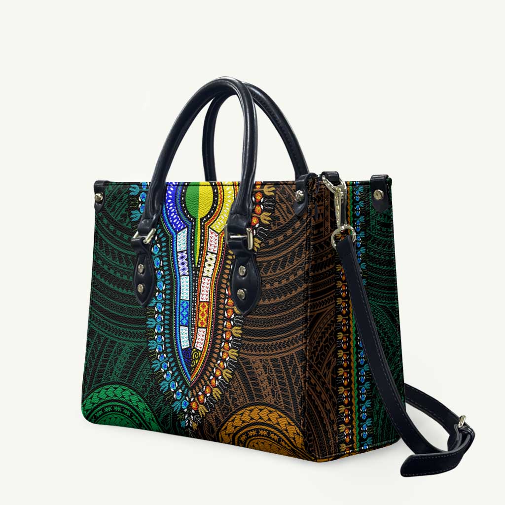 African Dashiki and Polynesian Pattern Leather Bag Half Green-Gold