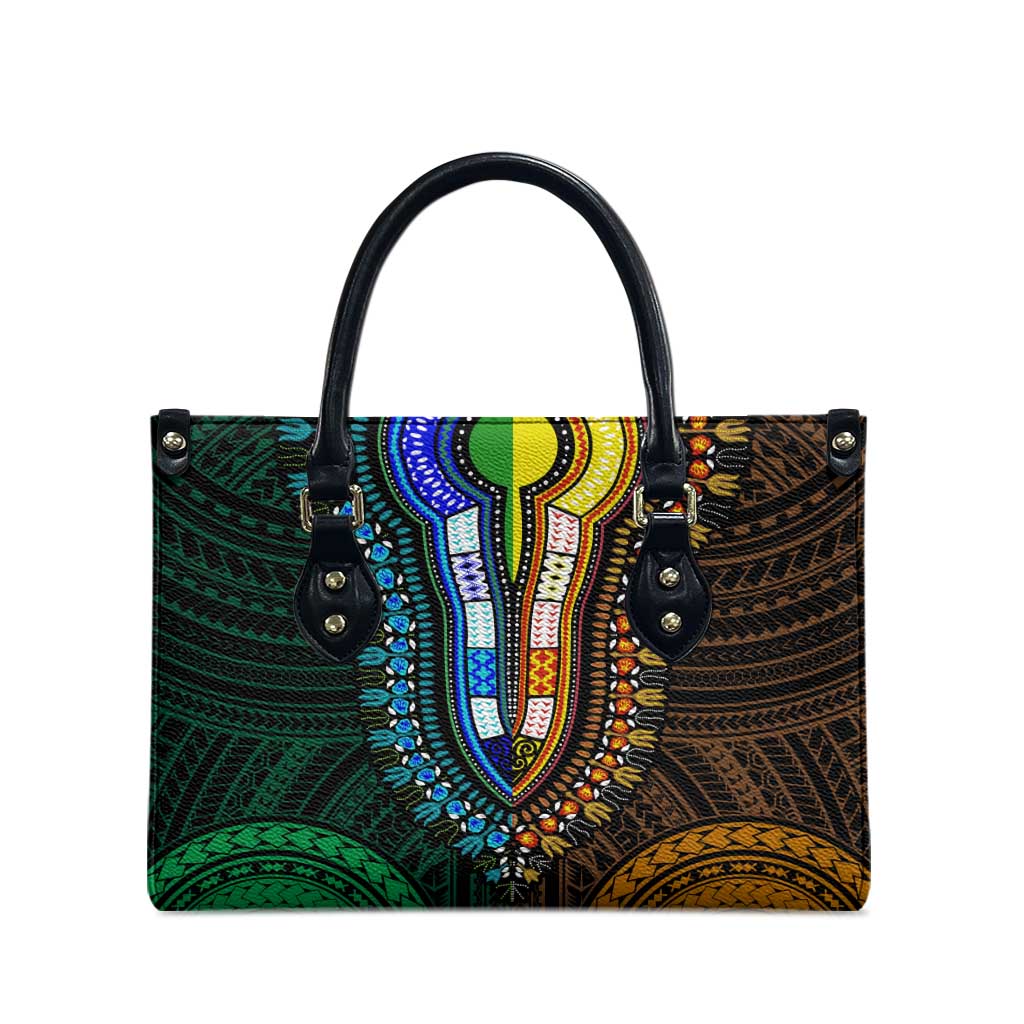 African Dashiki and Polynesian Pattern Leather Bag Half Green-Gold