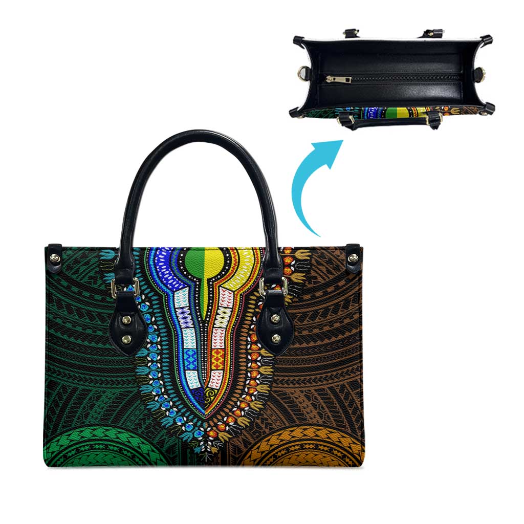 African Dashiki and Polynesian Pattern Leather Bag Half Green-Gold