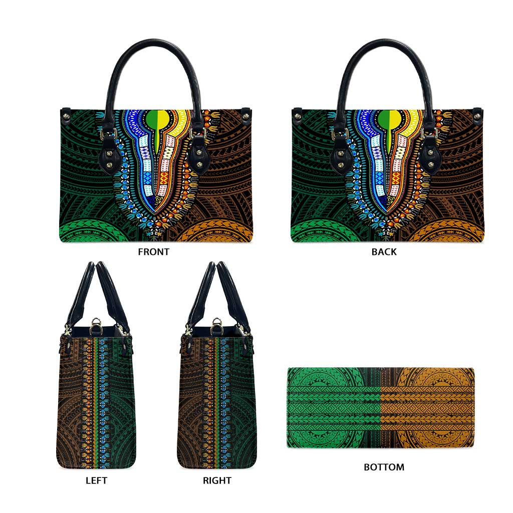 African Dashiki and Polynesian Pattern Leather Bag Half Green-Gold