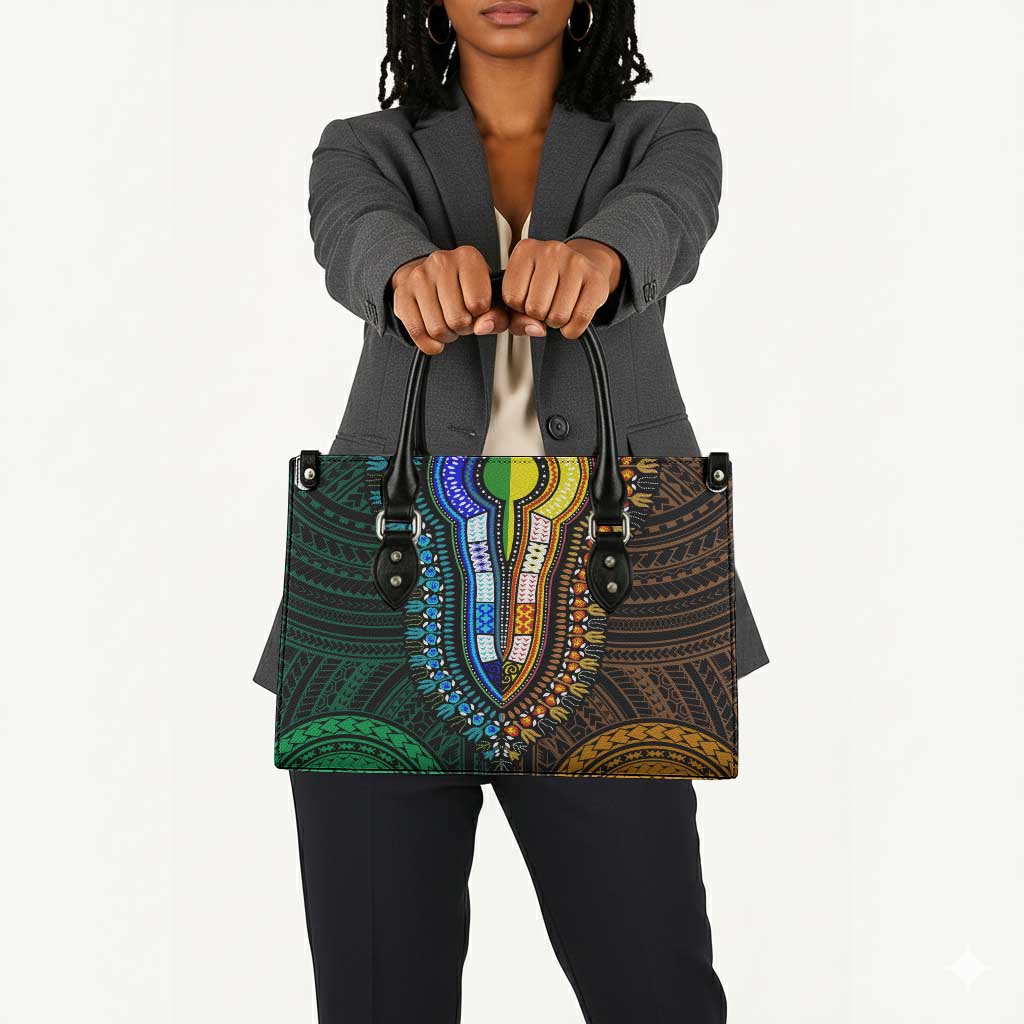 African Dashiki and Polynesian Pattern Leather Bag Half Green-Gold