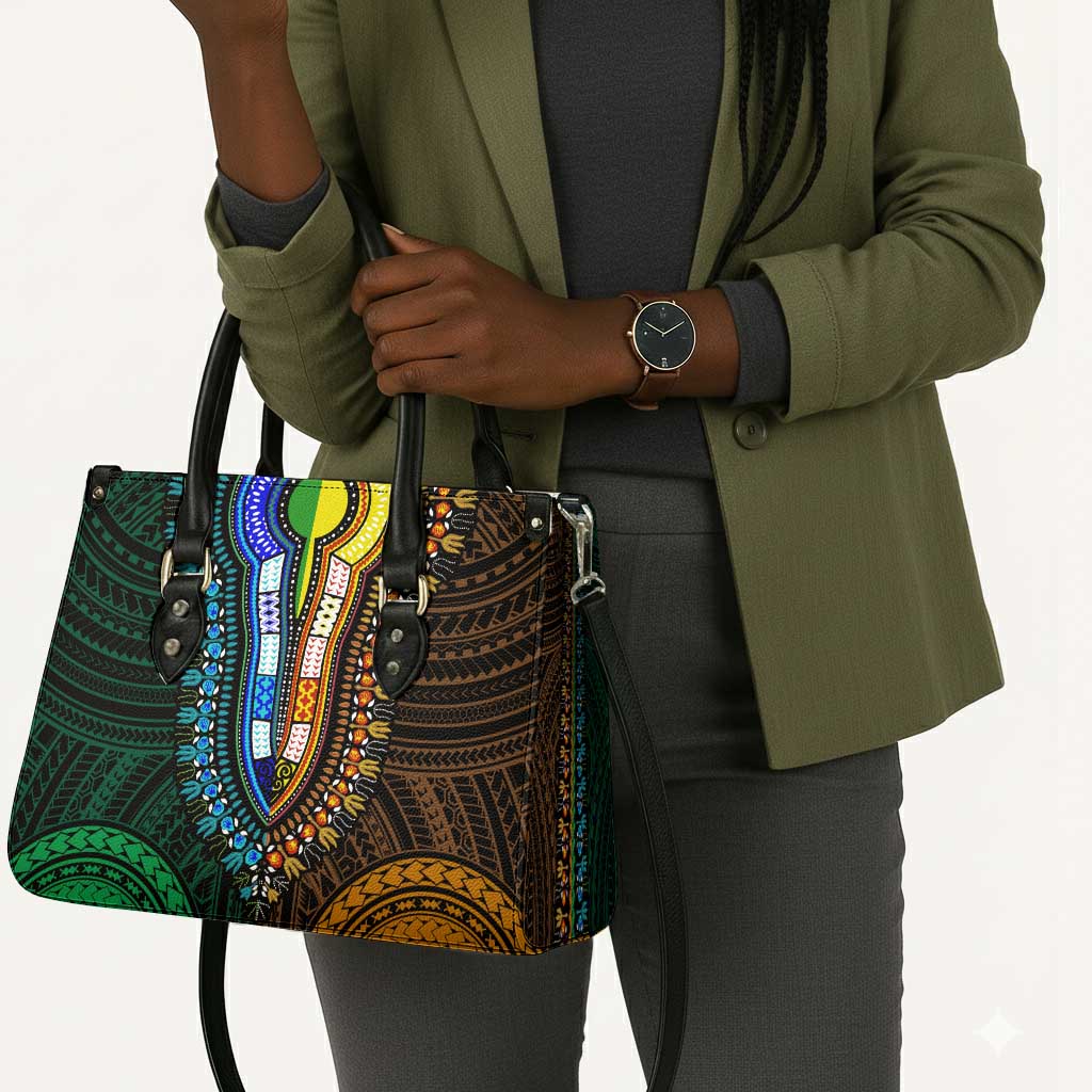 African Dashiki and Polynesian Pattern Leather Bag Half Green-Gold