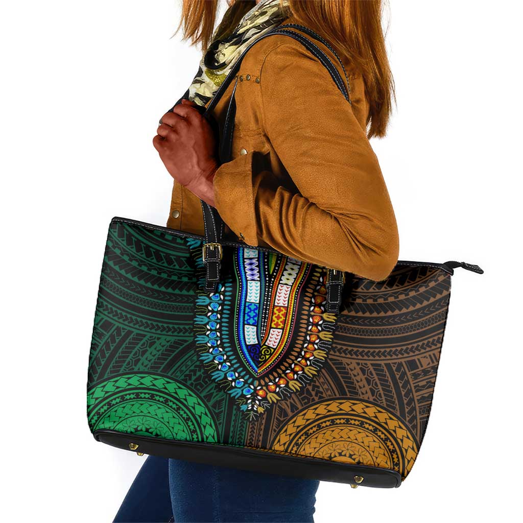 African Dashiki and Polynesian Pattern Leather Tote Bag Half Green-Gold