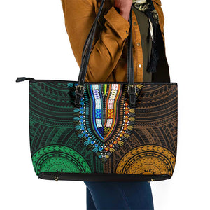 African Dashiki and Polynesian Pattern Leather Tote Bag Half Green-Gold