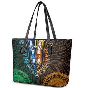 African Dashiki and Polynesian Pattern Leather Tote Bag Half Green-Gold