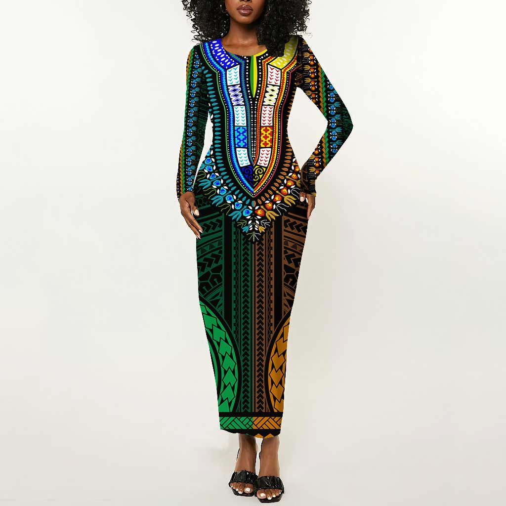 African Dashiki and Polynesian Pattern Long Sleeve Bodycon Dress Half Green-Gold