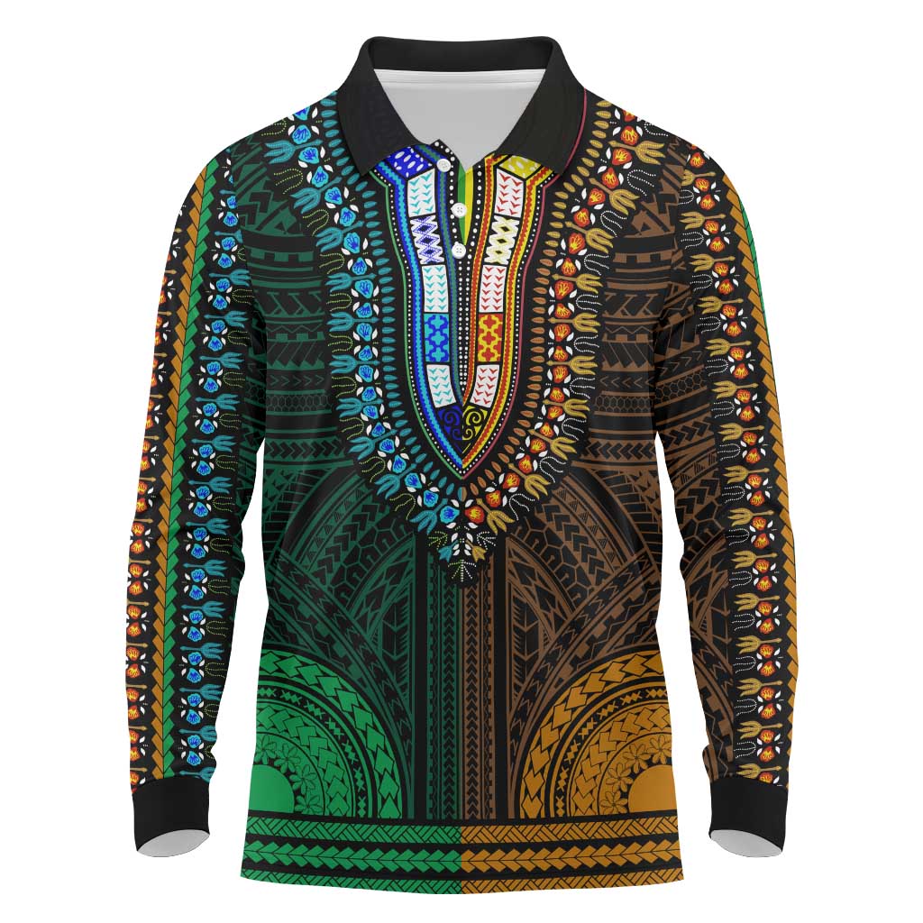 African Dashiki and Polynesian Pattern Long Sleeve Polo Shirt Half Green-Gold