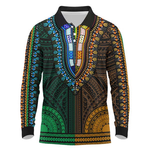 African Dashiki and Polynesian Pattern Long Sleeve Polo Shirt Half Green-Gold