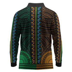 African Dashiki and Polynesian Pattern Long Sleeve Polo Shirt Half Green-Gold