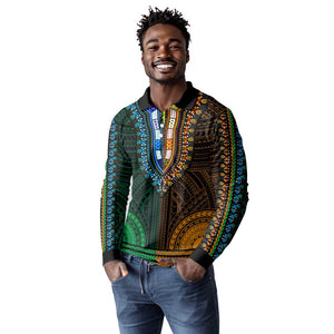 African Dashiki and Polynesian Pattern Long Sleeve Polo Shirt Half Green-Gold