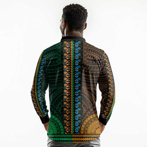 African Dashiki and Polynesian Pattern Long Sleeve Polo Shirt Half Green-Gold