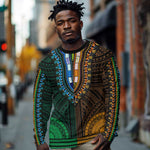 African Dashiki and Polynesian Pattern Long Sleeve Shirt Half Green-Gold