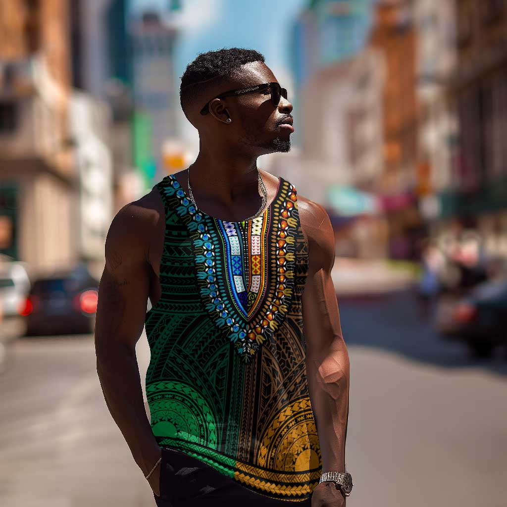 African Dashiki and Polynesian Pattern Men Tank Top Half Green-Gold