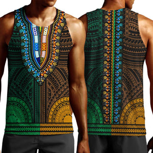 African Dashiki and Polynesian Pattern Men Tank Top Half Green-Gold