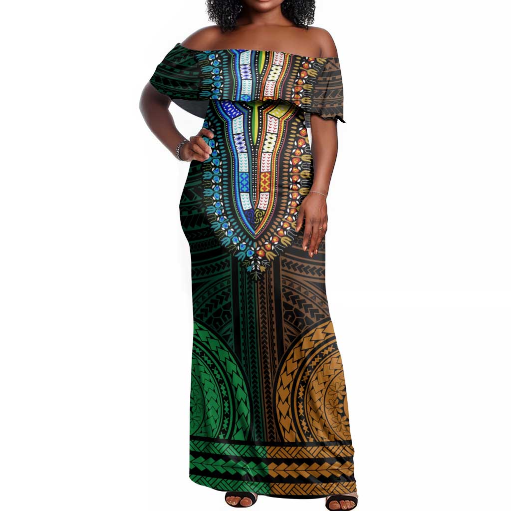 African Dashiki and Polynesian Pattern Off Shoulder Maxi Dress Half Green-Gold