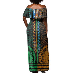 African Dashiki and Polynesian Pattern Off Shoulder Maxi Dress Half Green-Gold