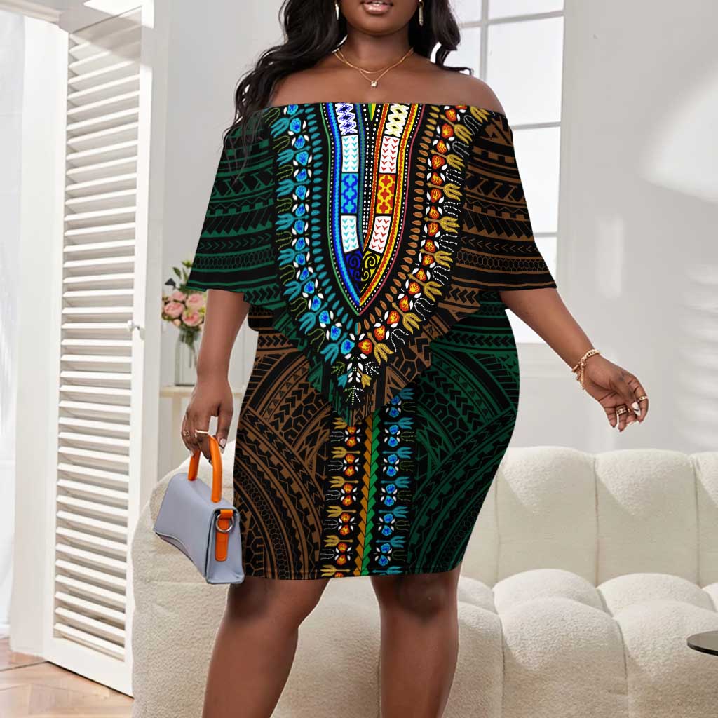 African Dashiki and Polynesian Pattern Off Shoulder Short Dress Half Green-Gold