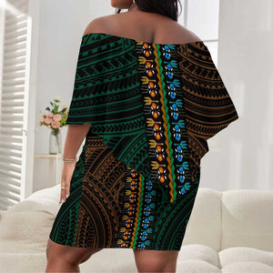 African Dashiki and Polynesian Pattern Off Shoulder Short Dress Half Green-Gold