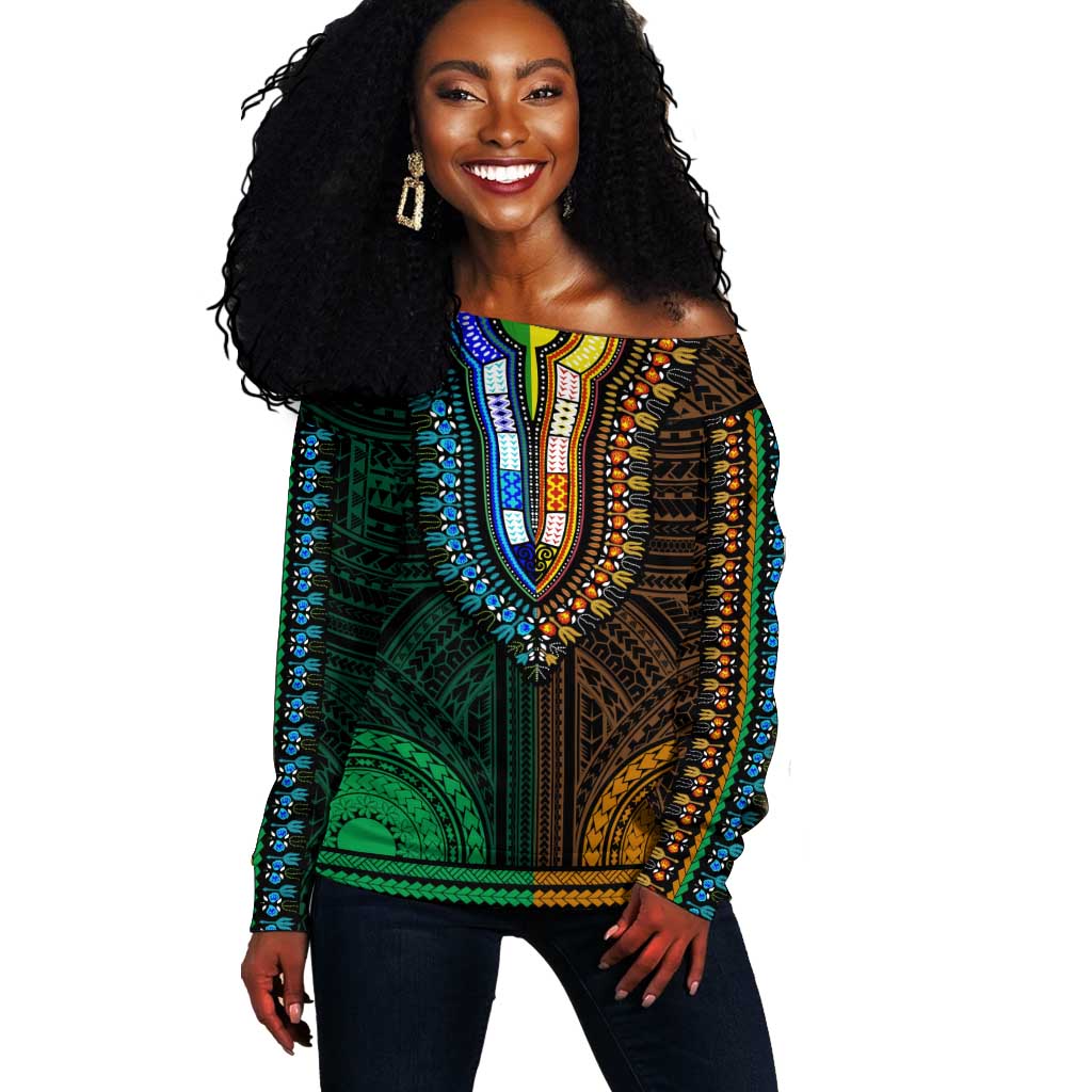 African Dashiki and Polynesian Pattern Off Shoulder Sweater Half Green-Gold