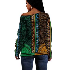 African Dashiki and Polynesian Pattern Off Shoulder Sweater Half Green-Gold