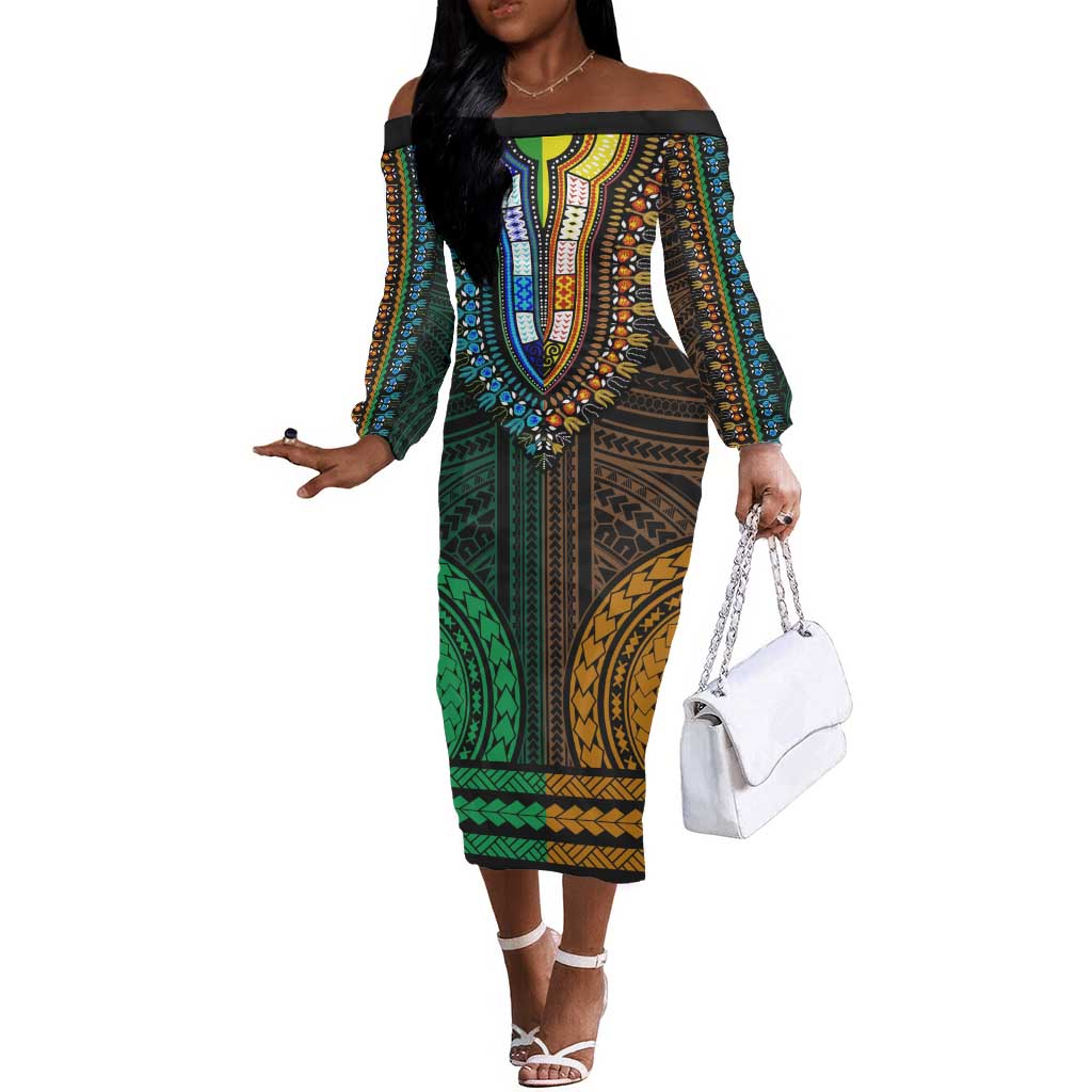 African Dashiki and Polynesian Pattern Off The Shoulder Long Sleeve Dress Half Green-Gold