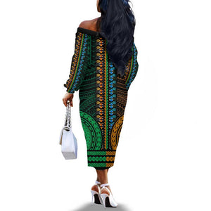 African Dashiki and Polynesian Pattern Off The Shoulder Long Sleeve Dress Half Green-Gold