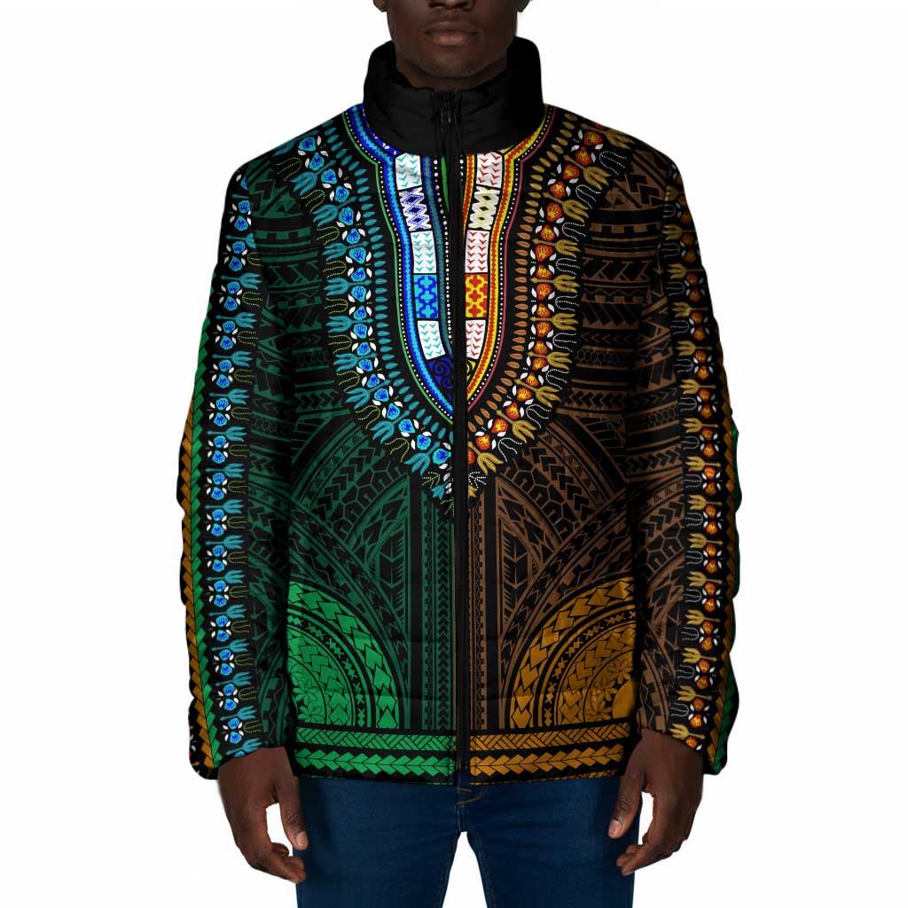 African Dashiki and Polynesian Pattern Padded Jacket Half Green-Gold
