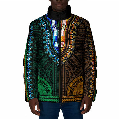 African Dashiki and Polynesian Pattern Padded Jacket Half Green-Gold