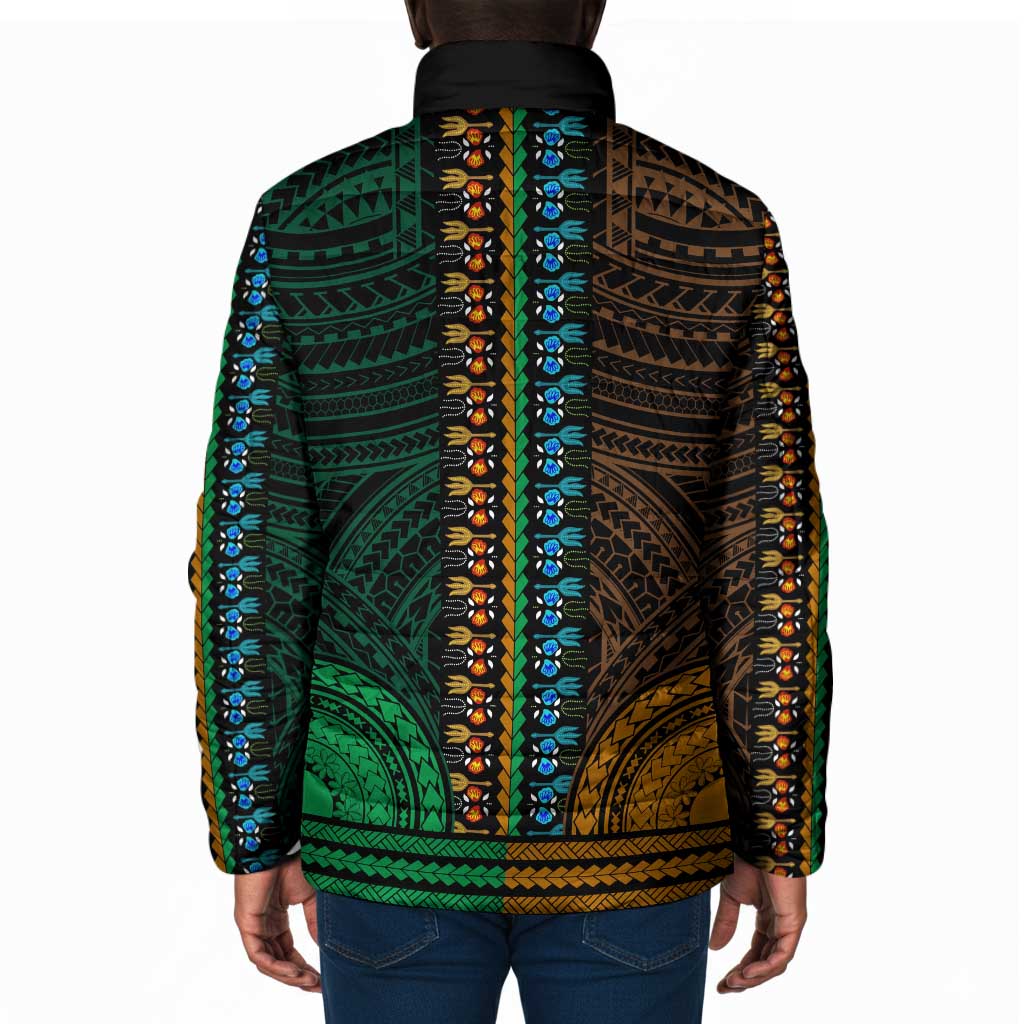 African Dashiki and Polynesian Pattern Padded Jacket Half Green-Gold