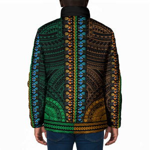 African Dashiki and Polynesian Pattern Padded Jacket Half Green-Gold