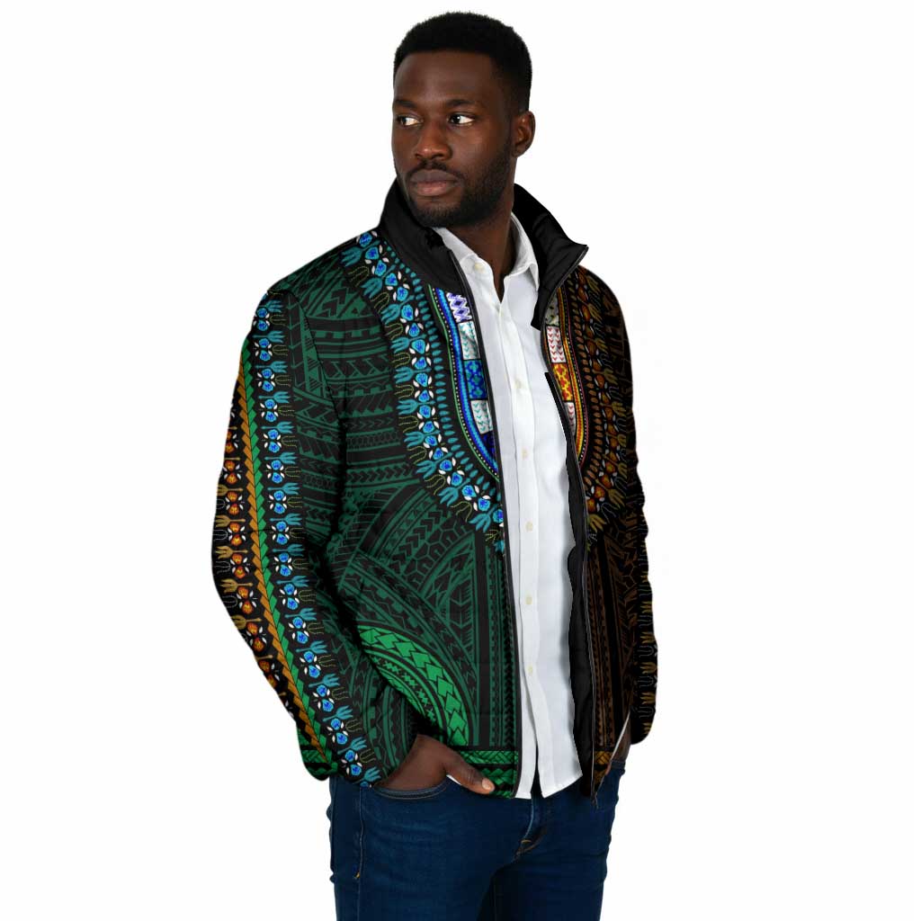 African Dashiki and Polynesian Pattern Padded Jacket Half Green-Gold