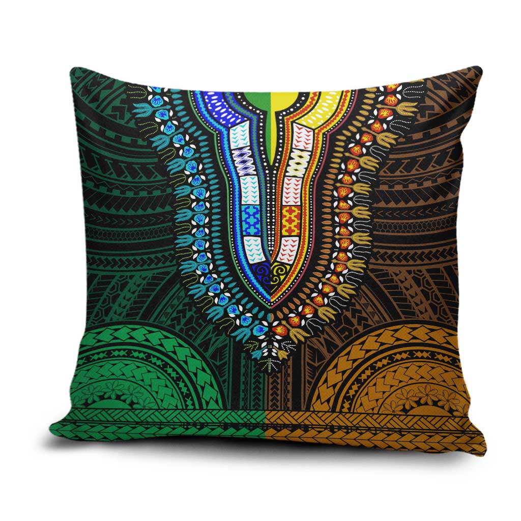 African Dashiki and Polynesian Pattern Pillow Cover Half Green-Gold