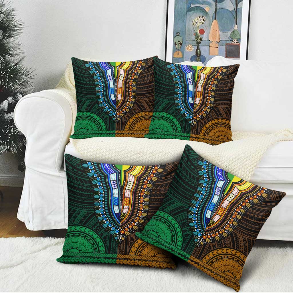 African Dashiki and Polynesian Pattern Pillow Cover Half Green-Gold