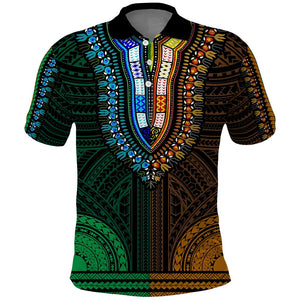 African Dashiki and Polynesian Pattern Polo Shirt Half Green-Gold