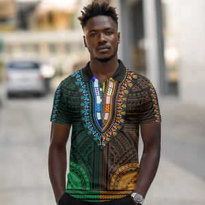 African Dashiki and Polynesian Pattern Polo Shirt Half Green-Gold