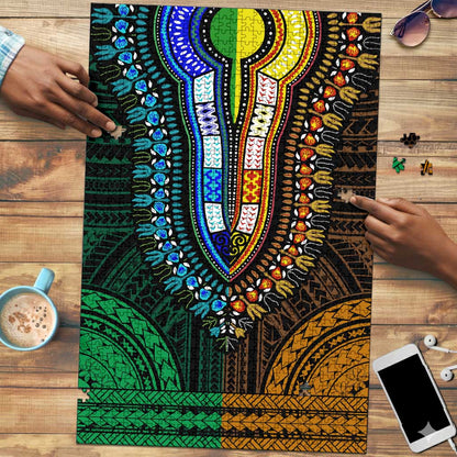 African Dashiki and Polynesian Pattern Puzzle Half Green-Gold