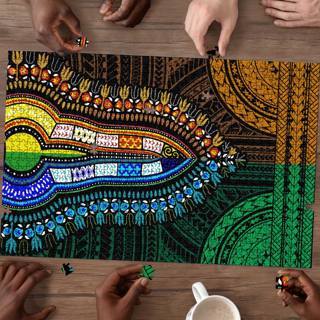 African Dashiki and Polynesian Pattern Puzzle Half Green-Gold