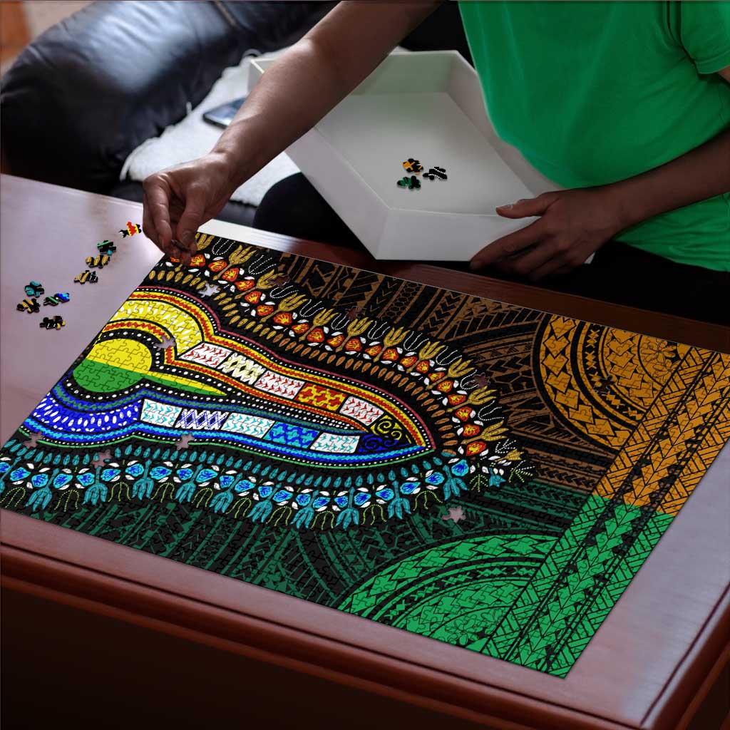 African Dashiki and Polynesian Pattern Puzzle Half Green-Gold